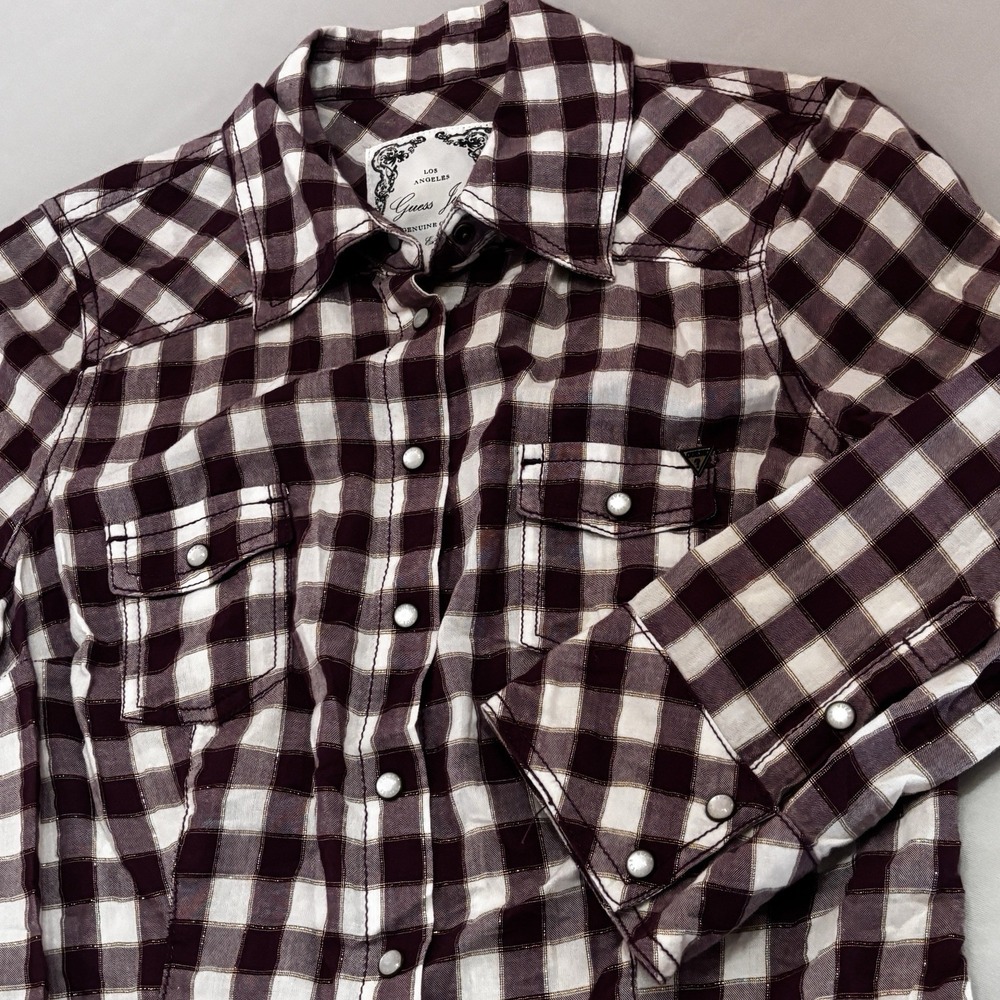 Guess Jeans Women's Western Plaid Snap Shirt Embroidered Raw‎ Hem Size M